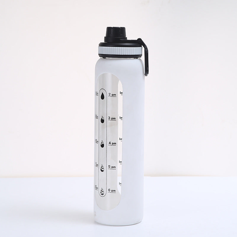 LeTianPai Water Bottle with Time Marker Straw 34oz Outdoor Travel Sports Glass with Silicone Cover Letianpai