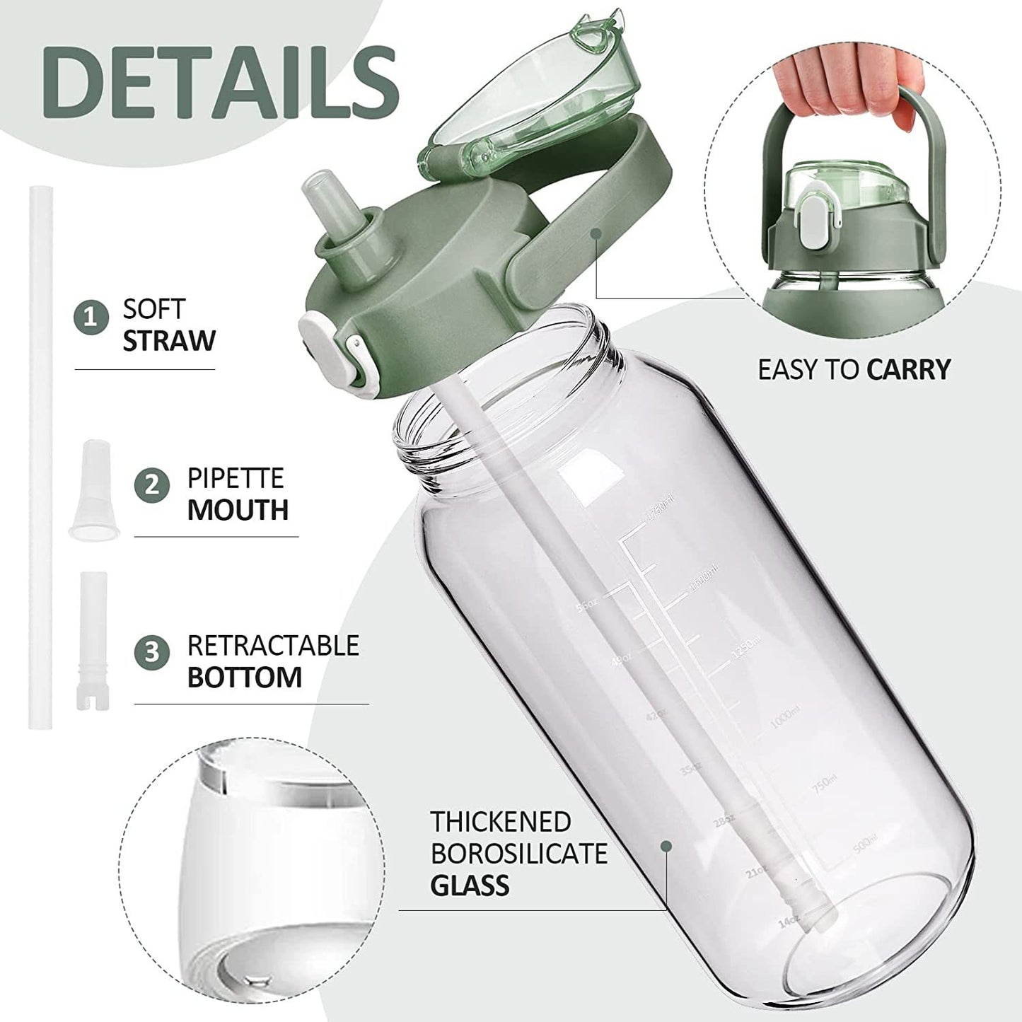 LeTianPai Water Bottle with Time Marker Straw glass water cup with silicone suction cover Ideal Gift for Fitness Sports & Outdoors Letianpai