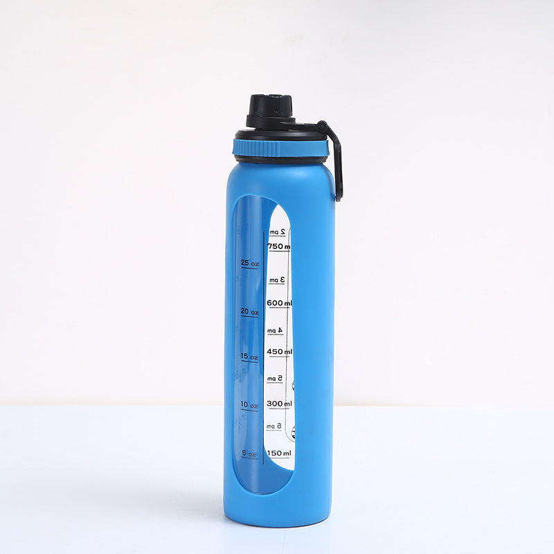 LeTianPai Water Bottle with Time Marker Straw 34oz Outdoor Travel Sports Glass with Silicone Cover Letianpai