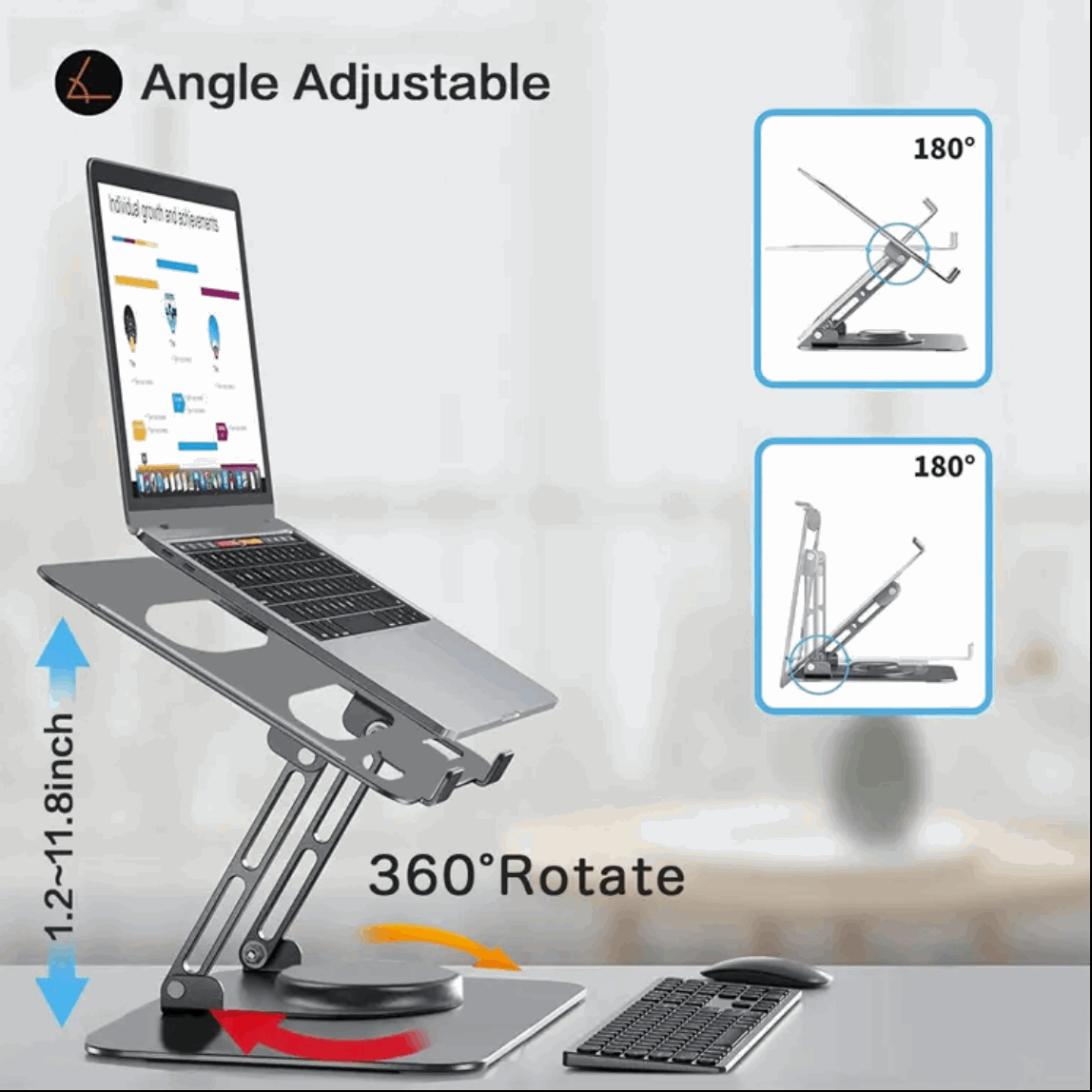Adjustable Laptop Stand with 360 Rotating Base, Stable Computer Stand for Laptop Ergonimic Foldable Laptop Riser for Desk Compatible with MacBook Pro/Air Notebook up to 16 Inches, Black Letianpai
