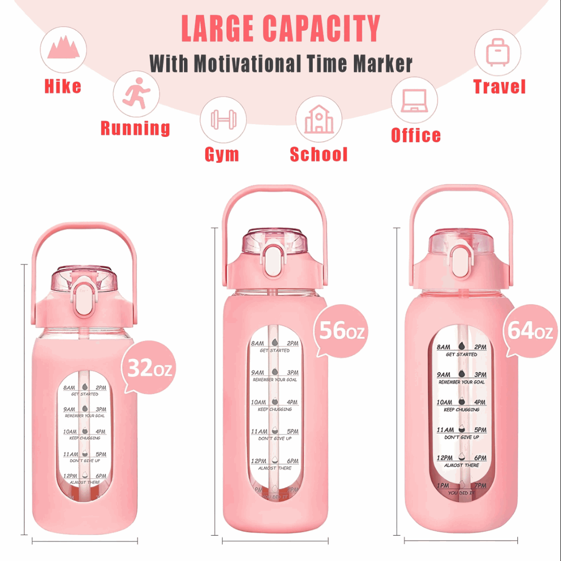 LeTianPai Water Bottle with Time Marker Straw glass water cup with silicone suction cover Ideal Gift for Fitness Sports & Outdoors Letianpai