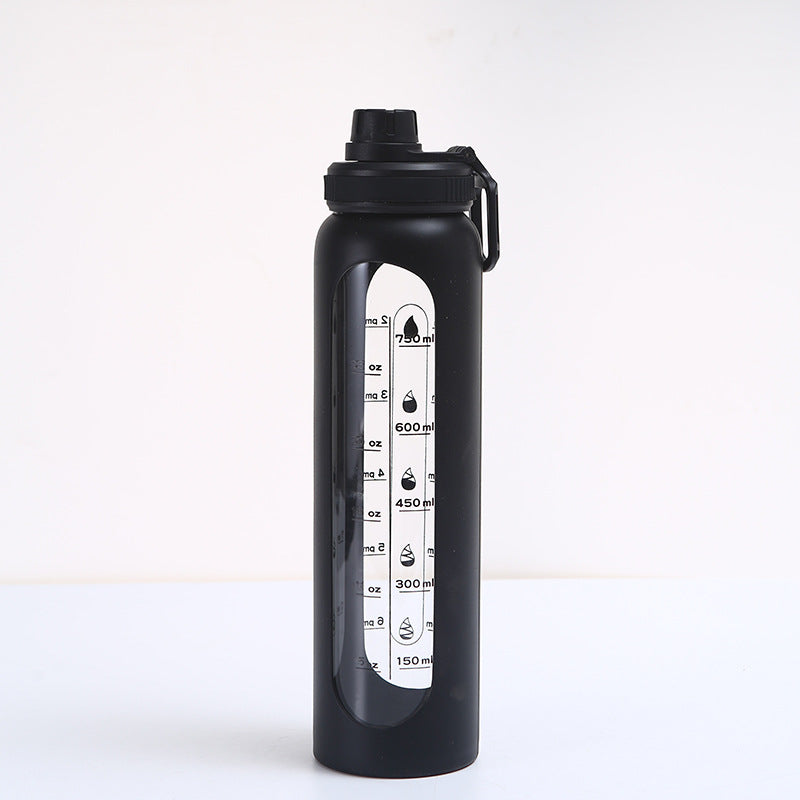 LeTianPai Water Bottle with Time Marker Straw 34oz Outdoor Travel Sports Glass with Silicone Cover Letianpai