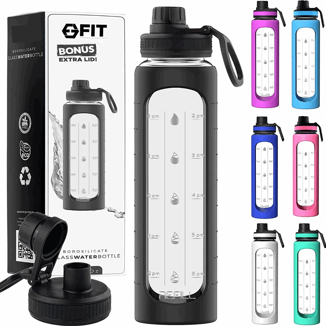 LeTianPai Water Bottle with Time Marker Straw 34oz Outdoor Travel Sports Glass with Silicone Cover Letianpai