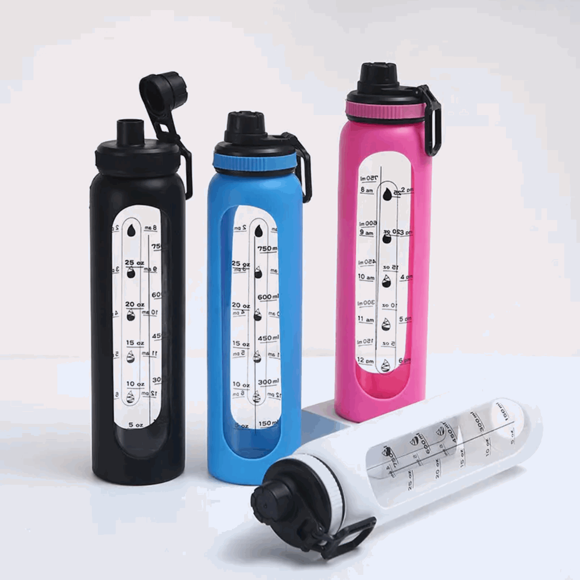 LeTianPai Water Bottle with Time Marker Straw 34oz Outdoor Travel Sports Glass with Silicone Cover Letianpai
