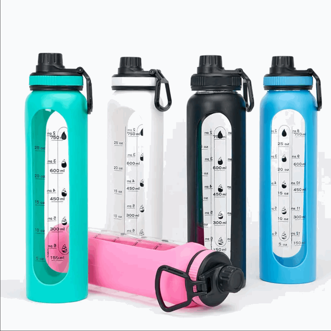 LeTianPai Water Bottle with Time Marker Straw 34oz Outdoor Travel Sports Glass with Silicone Cover Letianpai